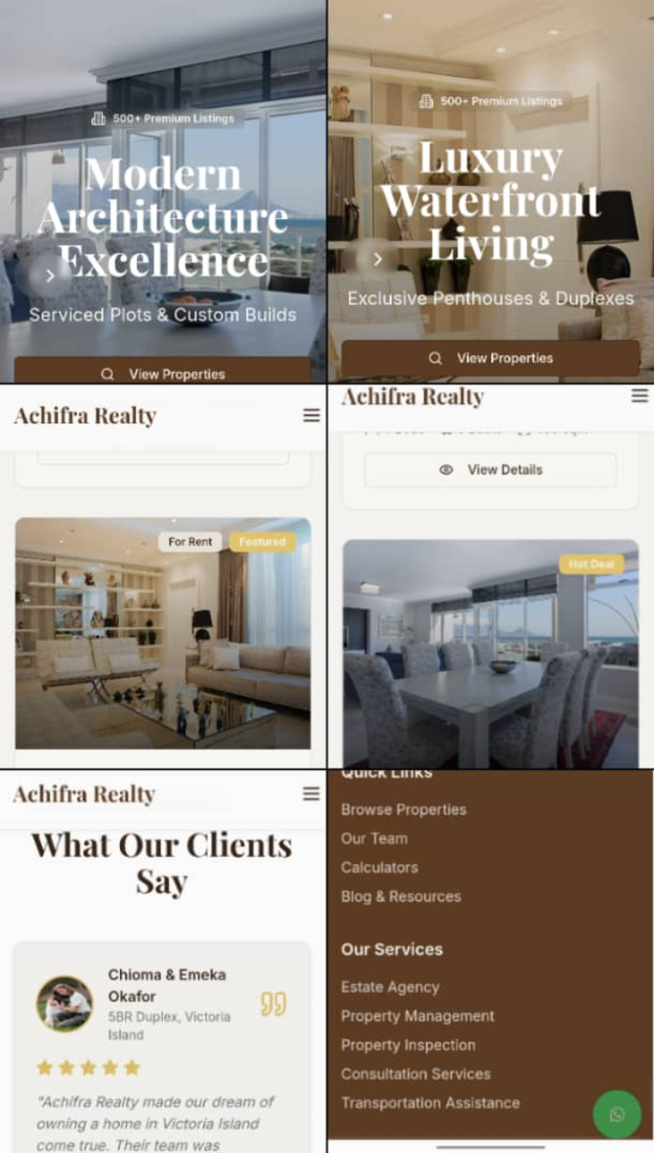 Mobile screens of the Achifra Realty website — property listings and testimonials