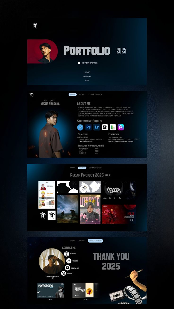 Content creator portfolio design — about, skills and project grid sections