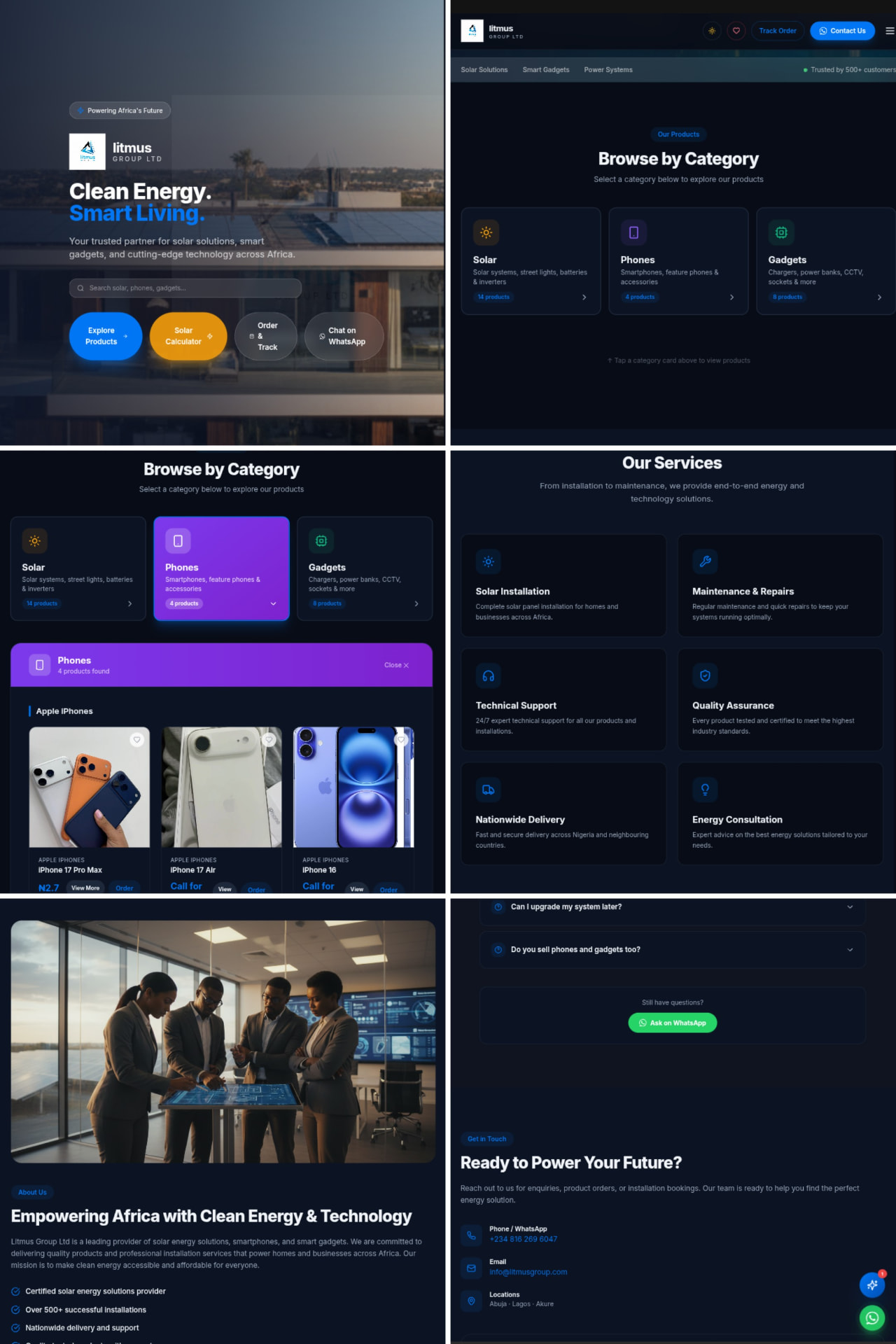 Screenshots of the Litmus Group Ltd website — hero, product categories and services sections